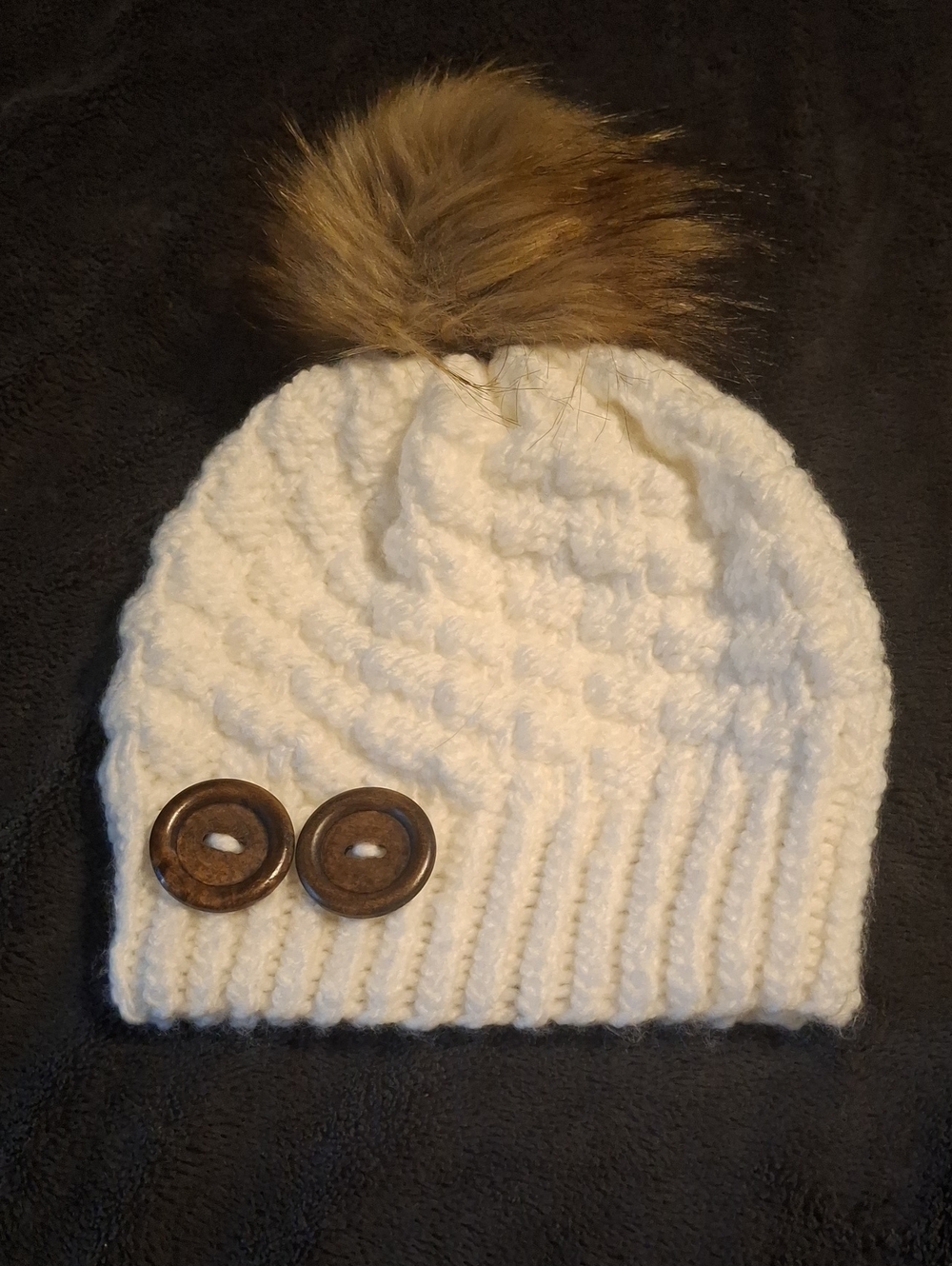 Hand-knit White Checkerboard Knit Winter Hat With Large Faux Fur Pompom